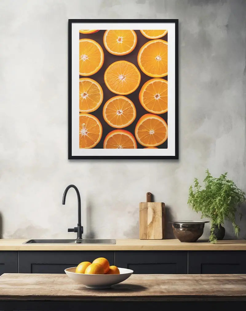 A vibrant illustration of perfectly sliced oranges arranged in a grid. Perfect wall art for adding a fresh and zesty feel to a kitchen or dining space