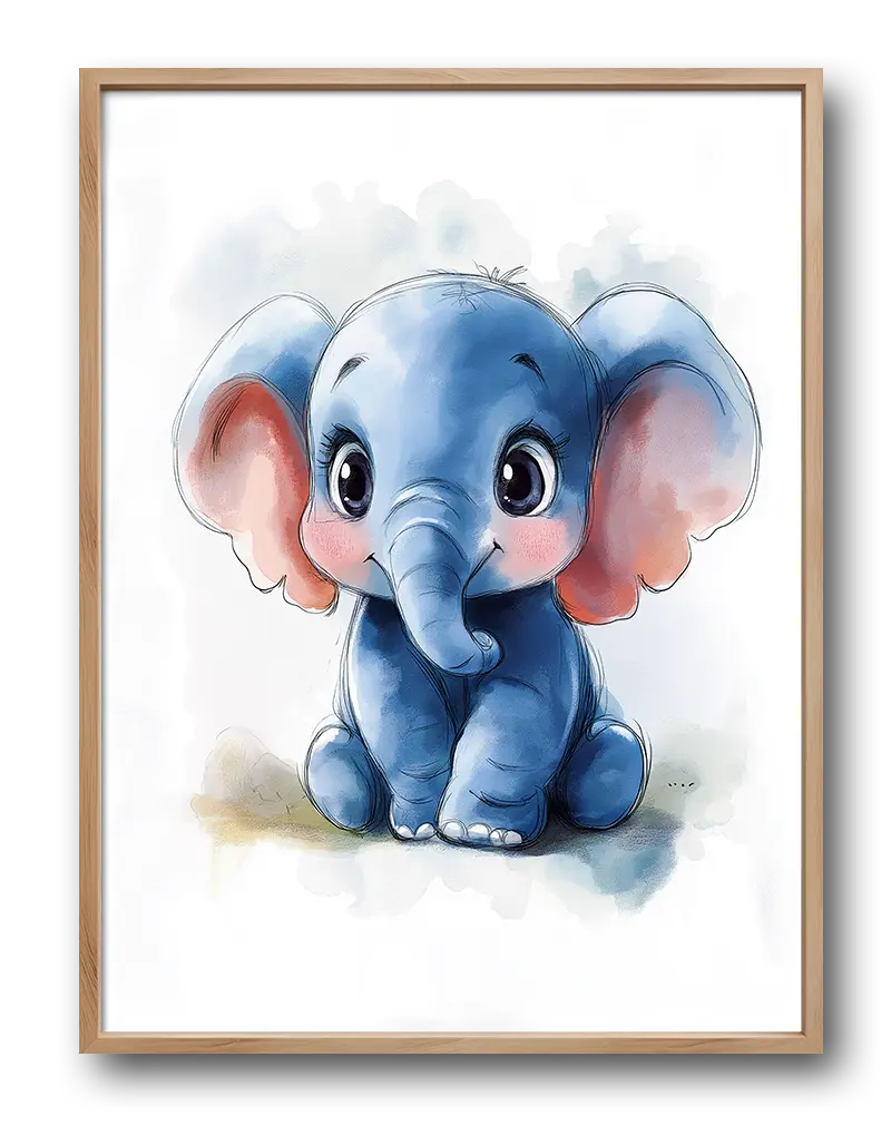 A charming illustration of a blue baby elephant, perfect wall art for a playful and friendly atmosphere.