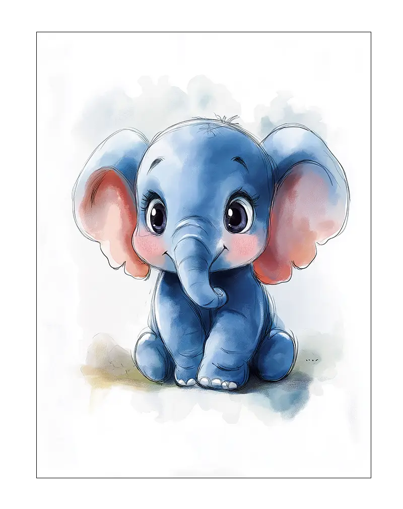 A charming illustration of a blue baby elephant, perfect wall art for a playful and friendly atmosphere.