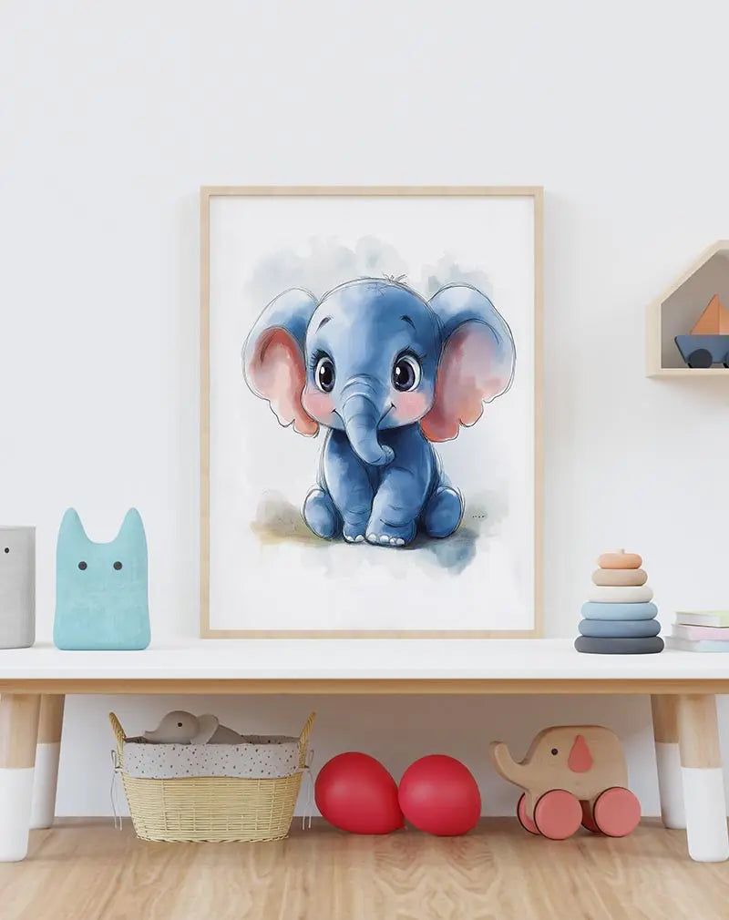 A charming illustration of a blue baby elephant, perfect wall art for a playful and friendly atmosphere.