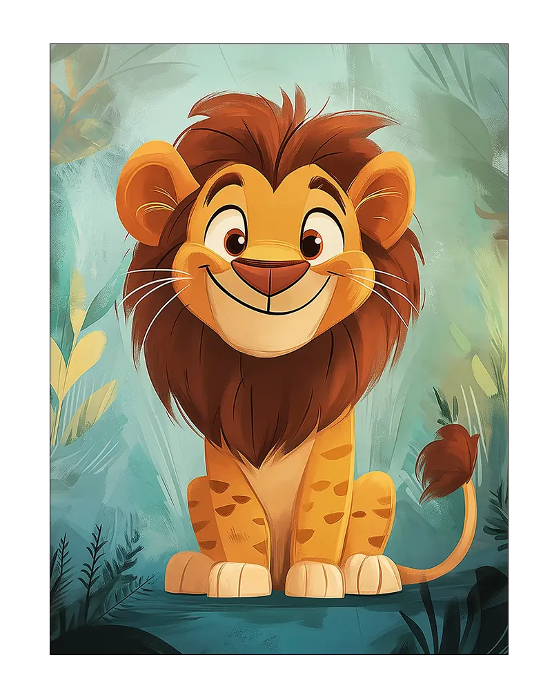 A cheerful illustration of a cute lion cub in a jungle setting, perfect wall art for kids' rooms or animal lovers.