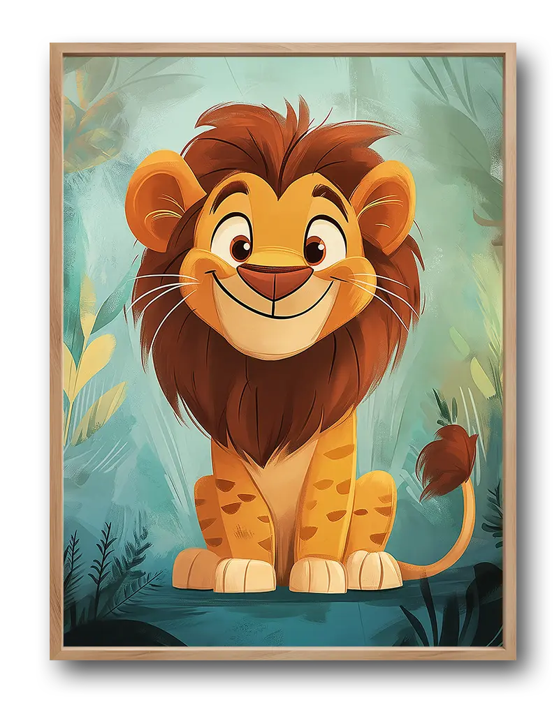 A cheerful illustration of a cute lion cub in a jungle setting, perfect wall art for kids' rooms or animal lovers.