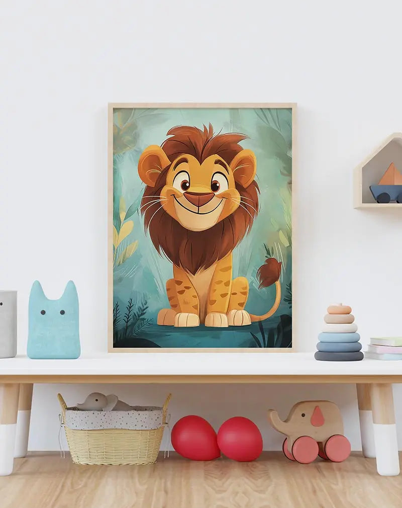 A cheerful illustration of a cute lion cub in a jungle setting, perfect wall art for kids' rooms or animal lovers.