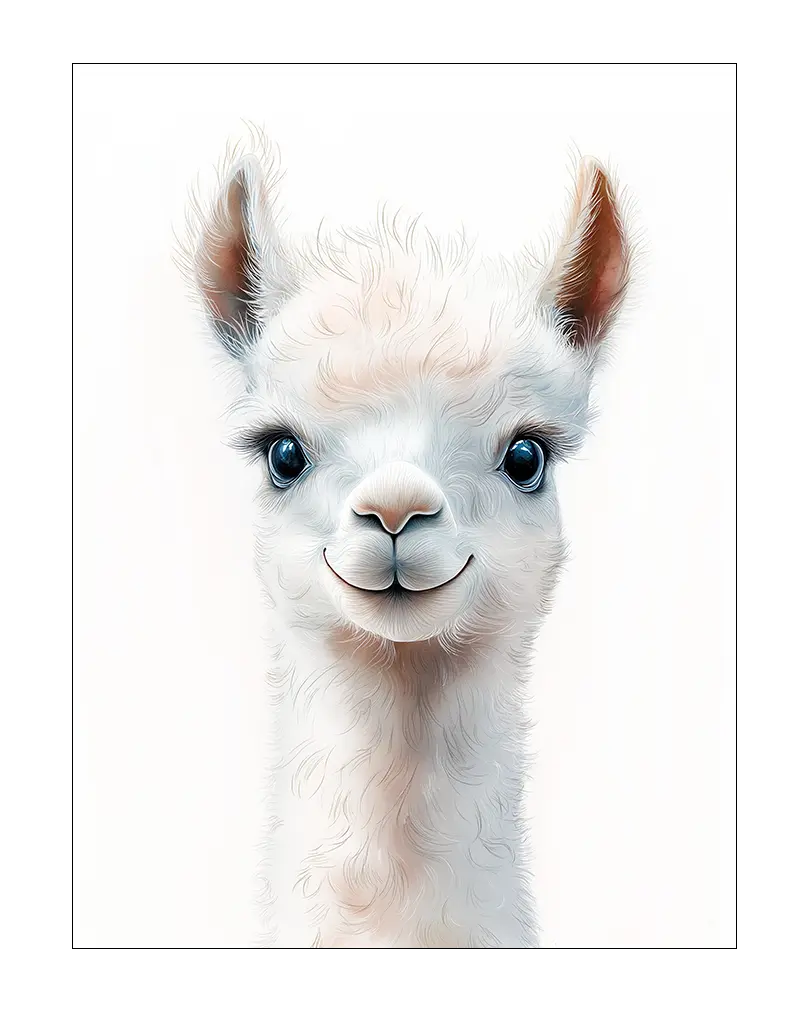 Illustration of a cute white alpaca with a friendly expression. A delightful poster for wall art and decor.