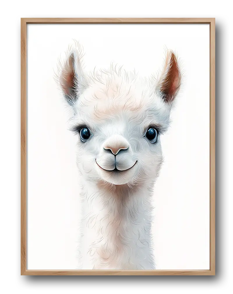 Illustration of a cute white alpaca with a friendly expression. A delightful poster for wall art and decor.