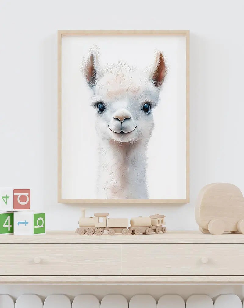 Illustration of a cute white alpaca with a friendly expression. A delightful poster for wall art and decor.