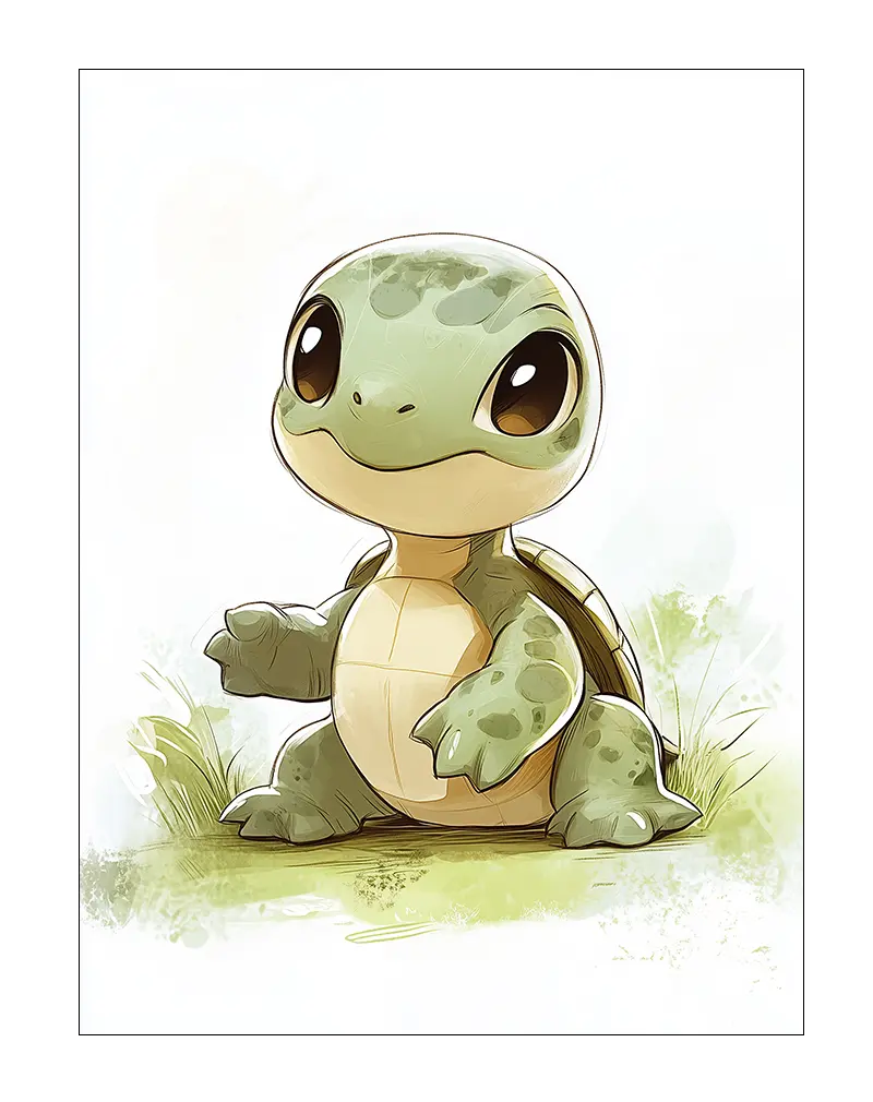 A cute cartoon baby turtle with big eyes in a grassy setting, ideal wall art for a child's room or nursery.