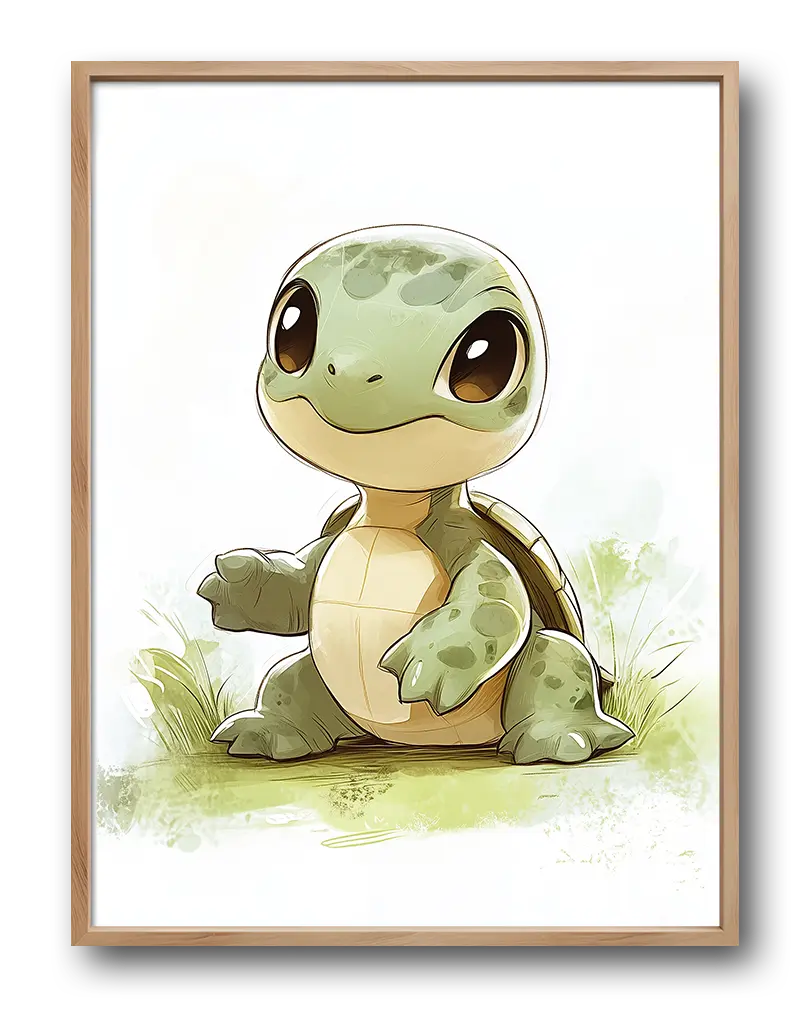 A cute cartoon baby turtle with big eyes in a grassy setting, ideal wall art for a child's room or nursery.