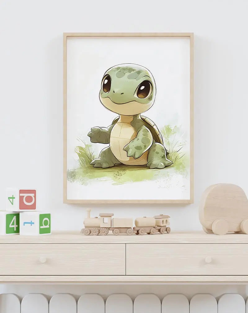 A cute cartoon baby turtle with big eyes in a grassy setting, ideal wall art for a child's room or nursery.