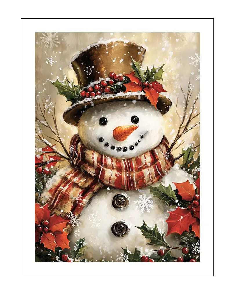 Illustration of a cheerful snowman with a top hat, scarf, and holly leaves. Perfect wall art for a cozy holiday atmosphere.