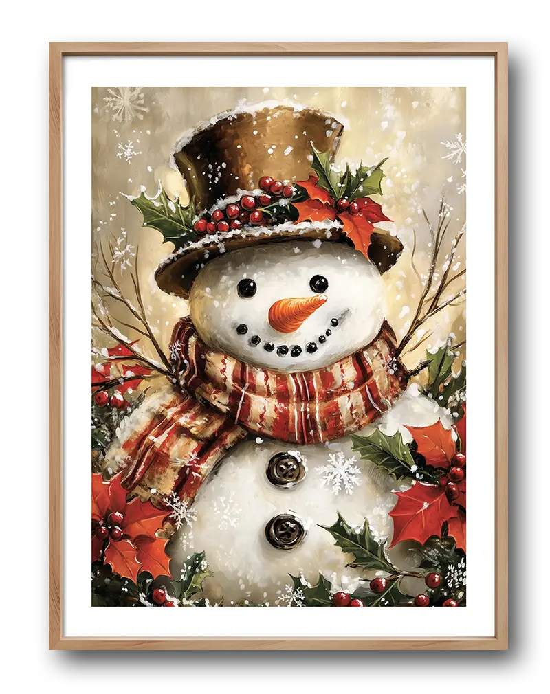 Illustration of a cheerful snowman with a top hat, scarf, and holly leaves. Perfect wall art for a cozy holiday atmosphere.