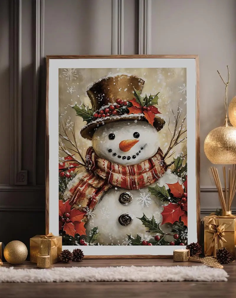 Illustration of a cheerful snowman with a top hat, scarf, and holly leaves. Perfect wall art for a cozy holiday atmosphere.