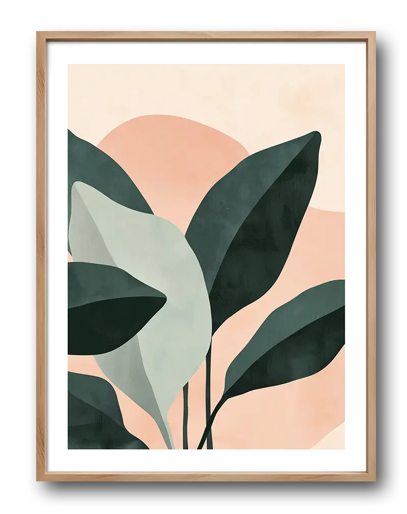 An abstract illustration featuring green and beige leaves against a soft pink background. Perfect wall art for bringing a natural and modern feel to your space.