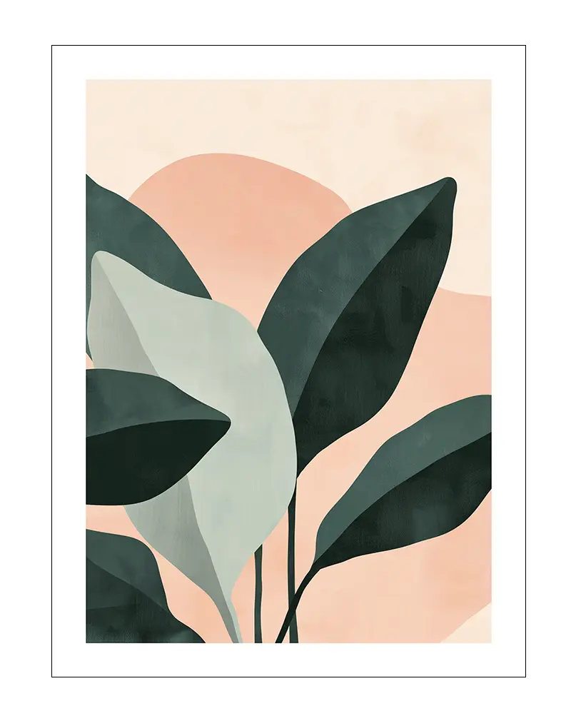 An abstract illustration featuring green and beige leaves against a soft pink background. Perfect wall art for bringing a natural and modern feel to your space.