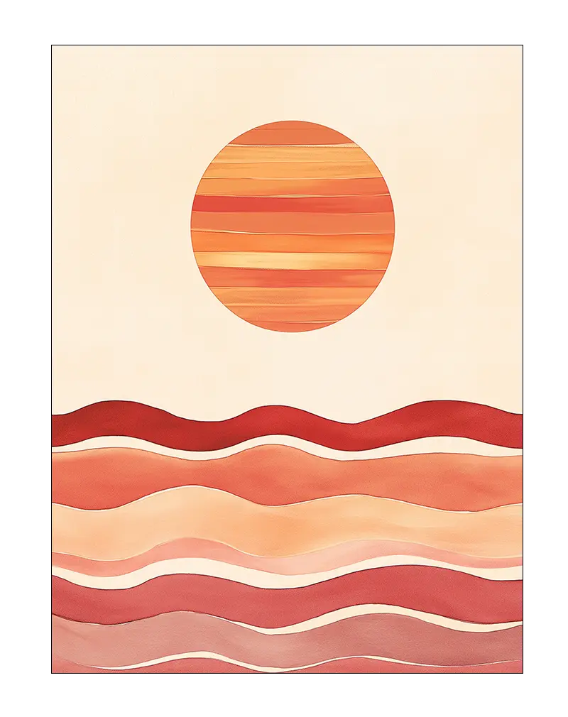 A minimalist illustration of a sunset with layered waves in warm tones of red and orange. This modern wall art captures the serenity of nature in a simple yet elegant design. Perfect wall art for adding a warm and peaceful atmosphere to any living space