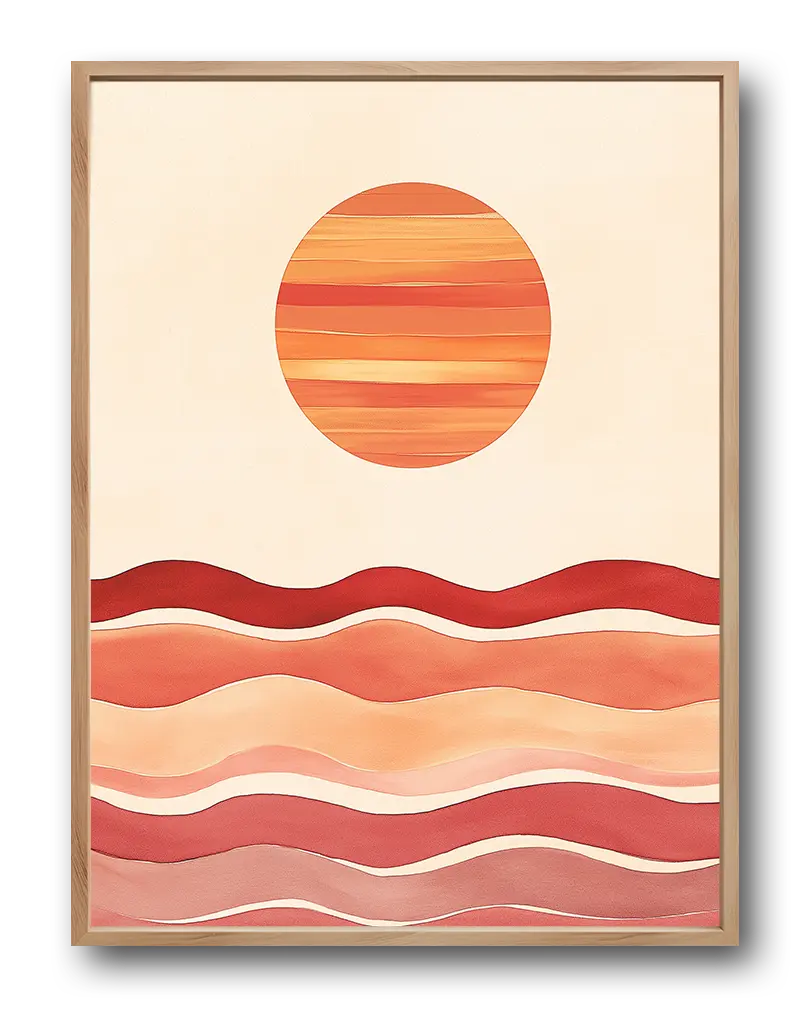 A minimalist illustration of a sunset with layered waves in warm tones of red and orange. This modern wall art captures the serenity of nature in a simple yet elegant design. Perfect wall art for adding a warm and peaceful atmosphere to any living space