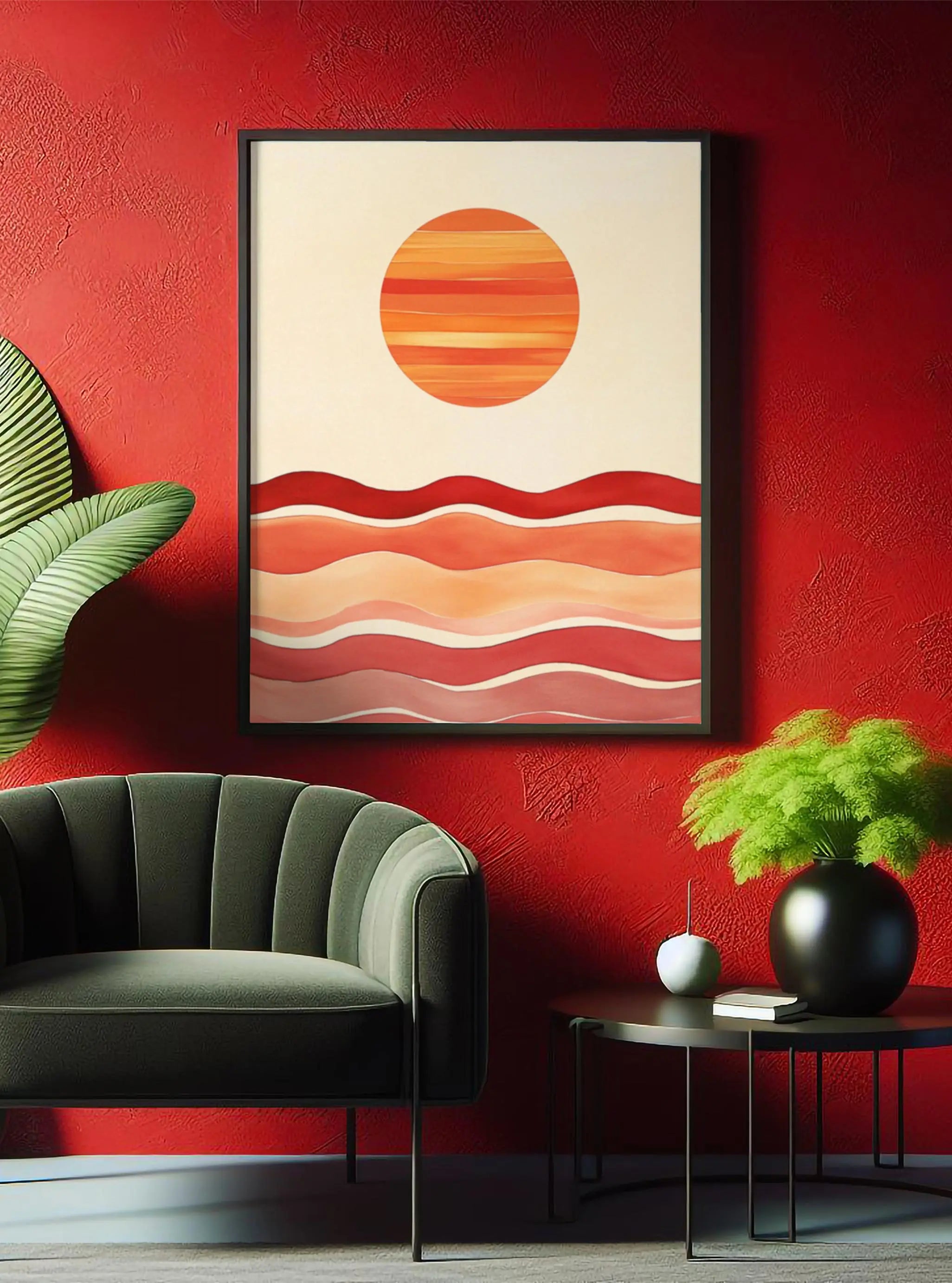 A minimalist illustration of a sunset with layered waves in warm tones of red and orange. This modern wall art captures the serenity of nature in a simple yet elegant design. Perfect wall art for adding a warm and peaceful atmosphere to any living space