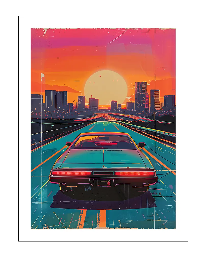 A dynamic illustration of a retro car driving into a sunset cityscape, evoking a vibrant and nostalgic feel. Perfect wall art for a modern space that embraces retro vibes and futuristic aesthetics