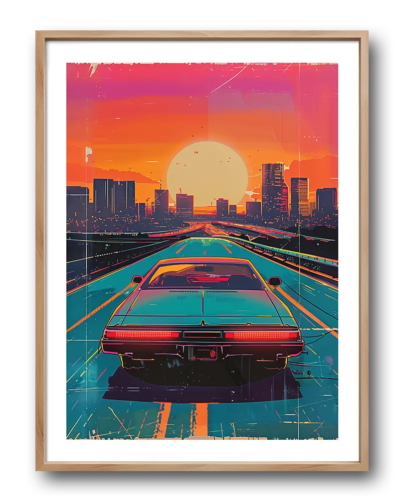 A dynamic illustration of a retro car driving into a sunset cityscape, evoking a vibrant and nostalgic feel. Perfect wall art for a modern space that embraces retro vibes and futuristic aesthetics