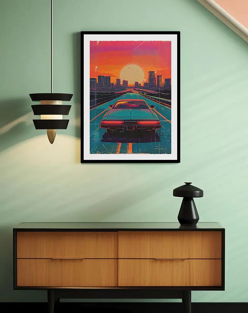 A dynamic illustration of a retro car driving into a sunset cityscape, evoking a vibrant and nostalgic feel. Perfect wall art for a modern space that embraces retro vibes and futuristic aesthetics