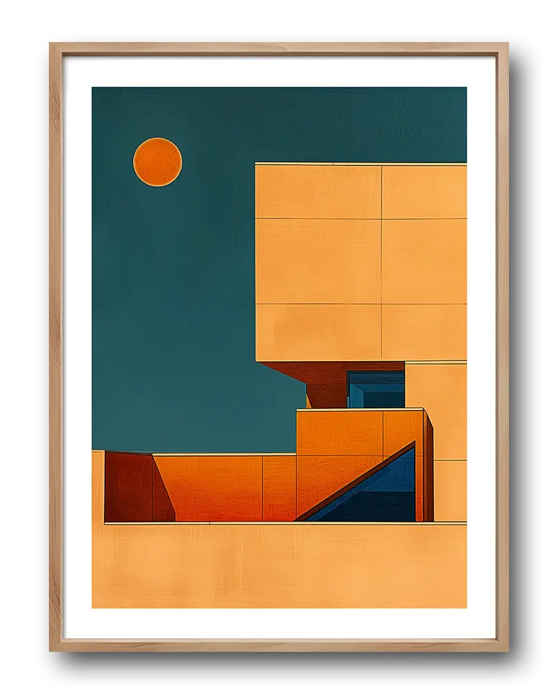 A minimalistic architectural design under a bold orange sun. The clean lines and contrasting colors create a striking modern illustration. Perfect wall art for contemporary spaces with a love for geometric design