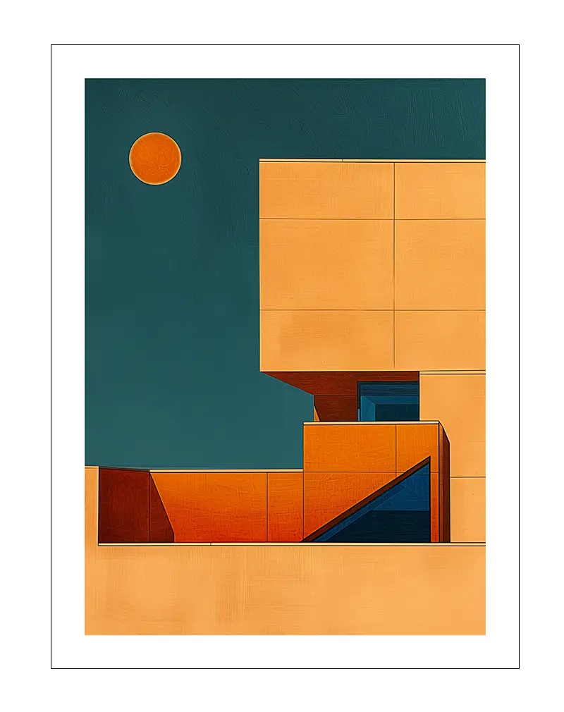 A minimalistic architectural design under a bold orange sun. The clean lines and contrasting colors create a striking modern illustration. Perfect wall art for contemporary spaces with a love for geometric design