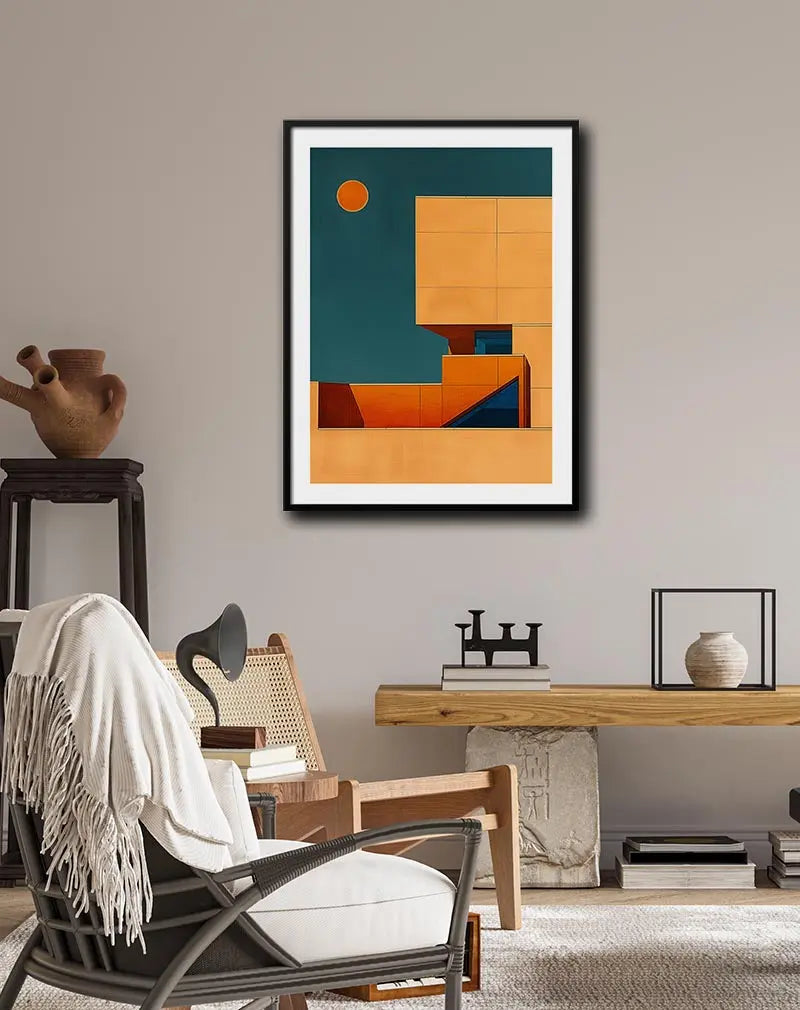 A minimalistic architectural design under a bold orange sun. The clean lines and contrasting colors create a striking modern illustration. Perfect wall art for contemporary spaces with a love for geometric design