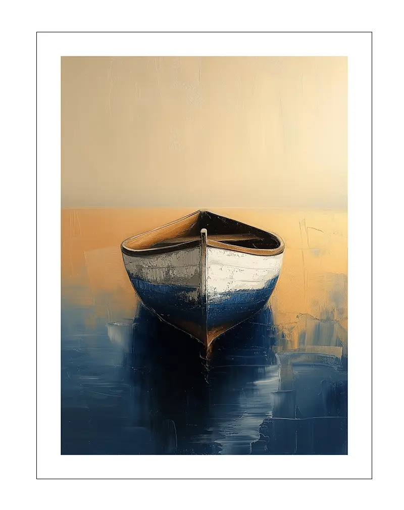 A serene boat floating on calm waters during sunset, painted with soft tones and subtle texture. This peaceful scene evokes tranquility and relaxation. Perfect wall art for creating a calming atmosphere