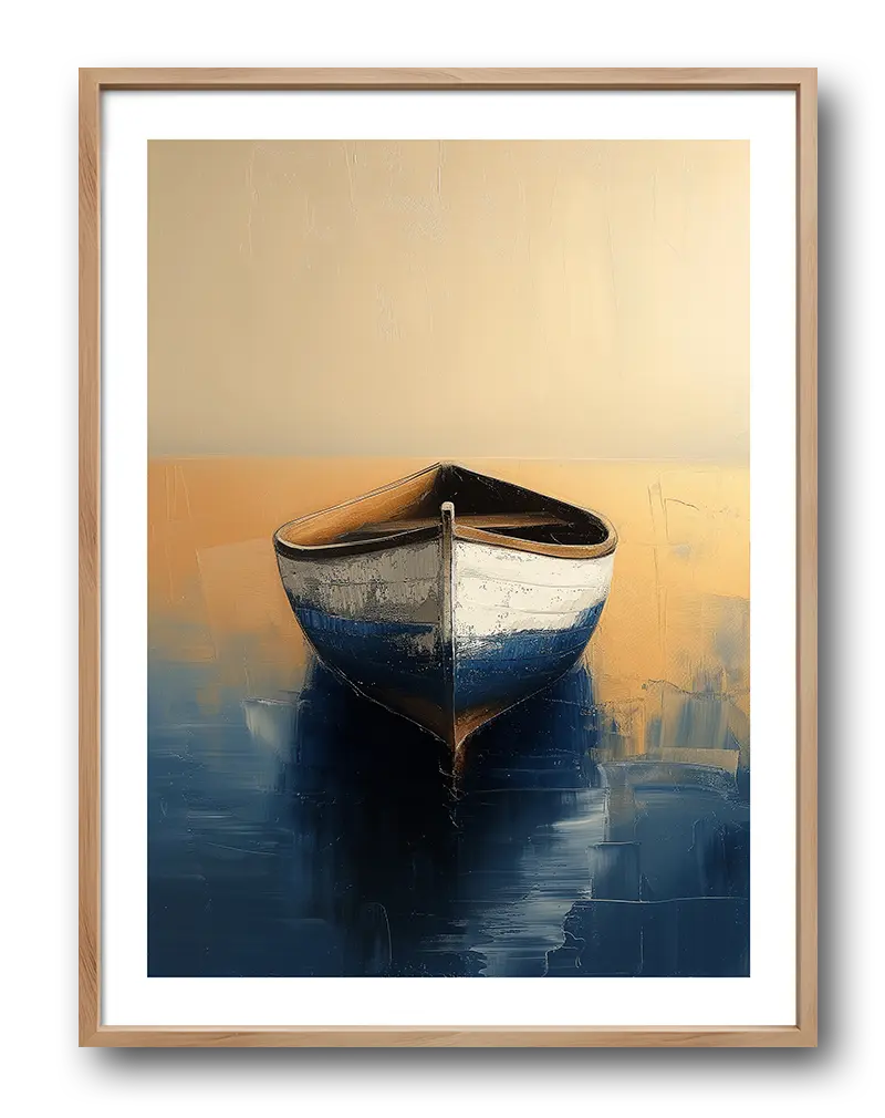 A serene boat floating on calm waters during sunset, painted with soft tones and subtle texture. This peaceful scene evokes tranquility and relaxation. Perfect wall art for creating a calming atmosphere