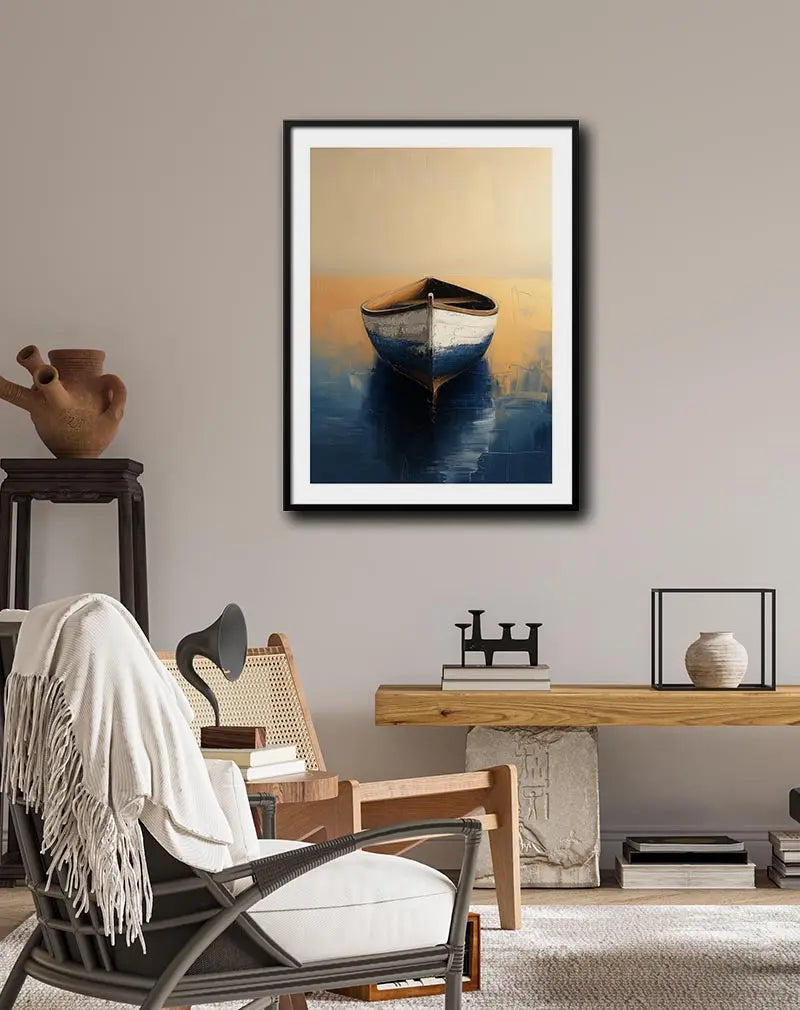 A serene boat floating on calm waters during sunset, painted with soft tones and subtle texture. This peaceful scene evokes tranquility and relaxation. Perfect wall art for creating a calming atmosphere