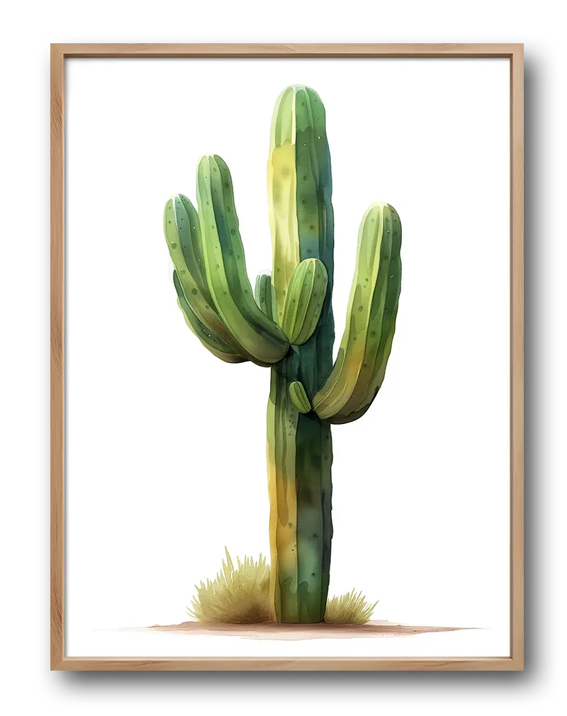 A beautiful watercolor illustration of a tall green cactus, with soft shadows and warm desert tones. This nature-inspired artwork brings a touch of the desert to any space. Perfect wall art for a natural and relaxed ambiance