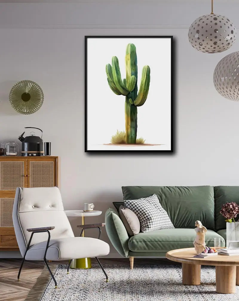 A beautiful watercolor illustration of a tall green cactus, with soft shadows and warm desert tones. This nature-inspired artwork brings a touch of the desert to any space. Perfect wall art for a natural and relaxed ambiance