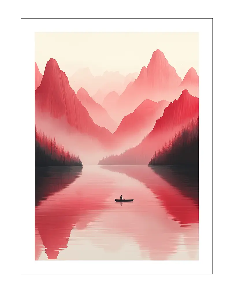 A peaceful illustration of a lone canoe on a still lake, surrounded by misty pink mountains and dense forests.