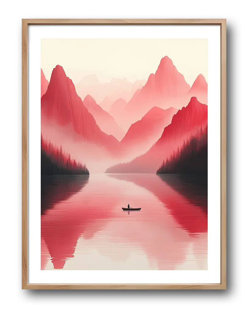 A peaceful illustration of a lone canoe on a still lake, surrounded by misty pink mountains and dense forests.