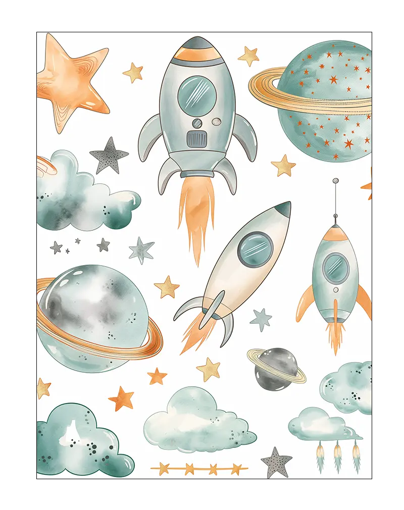 A playful illustration of rockets, stars, and planets in soft pastel colors, bringing a whimsical space adventure to life. This charming design is perfect wall art for a children's room or nursery, sparking imagination and dreams of exploring the universe