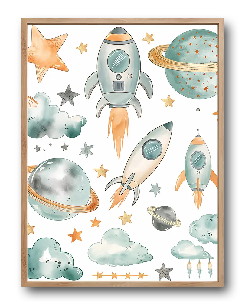 A playful illustration of rockets, stars, and planets in soft pastel colors, bringing a whimsical space adventure to life. This charming design is perfect wall art for a children's room or nursery, sparking imagination and dreams of exploring the universe