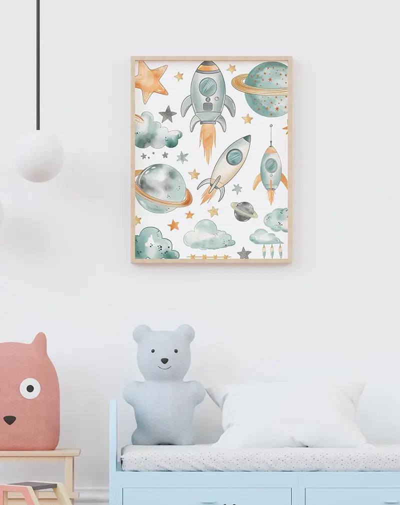 A playful illustration of rockets, stars, and planets in soft pastel colors, bringing a whimsical space adventure to life. This charming design is perfect wall art for a children's room or nursery, sparking imagination and dreams of exploring the universe