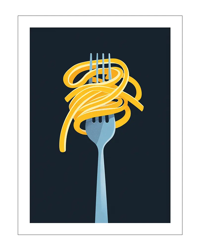 A minimalist illustration of a fork twirling yellow spaghetti against a dark background. This modern wall art adds a playful and stylish touch, perfect for the kitchen or dining area. Perfect wall art for food lovers and enhancing culinary spaces with a creative flair