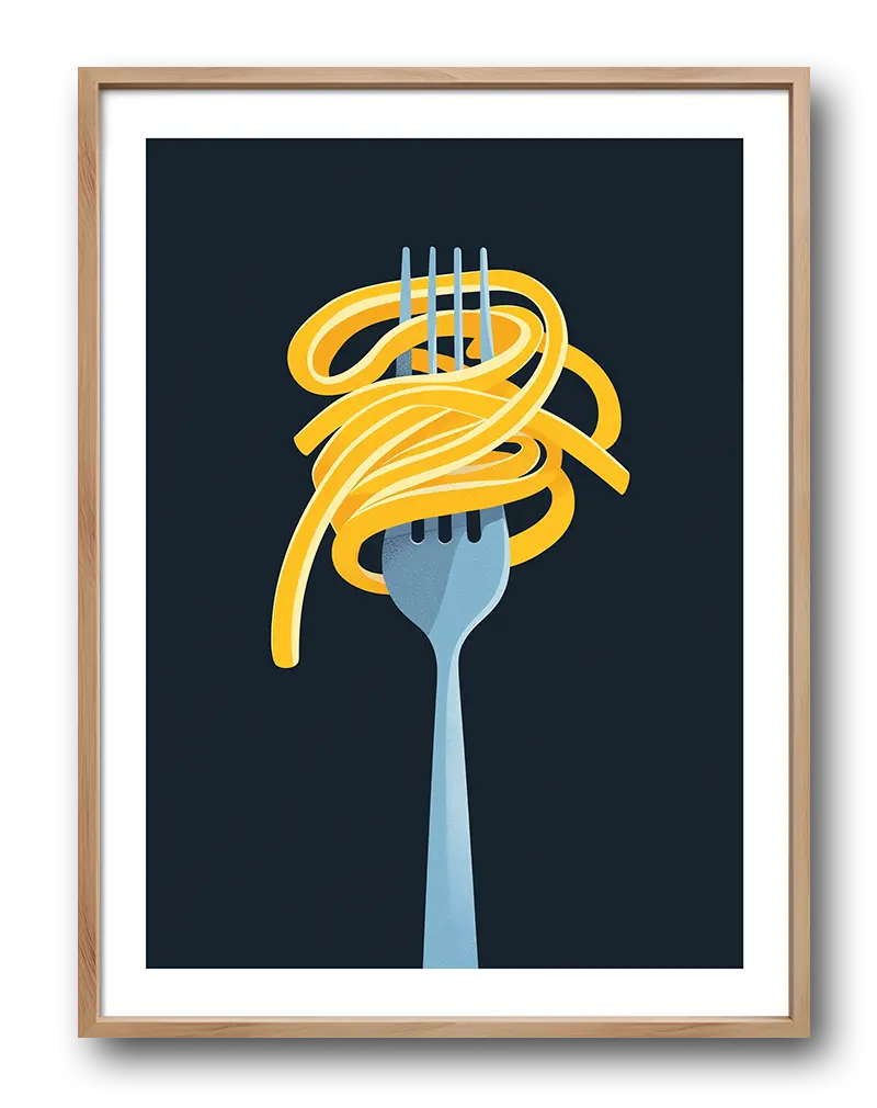 A minimalist illustration of a fork twirling yellow spaghetti against a dark background. This modern wall art adds a playful and stylish touch, perfect for the kitchen or dining area. Perfect wall art for food lovers and enhancing culinary spaces with a creative flair