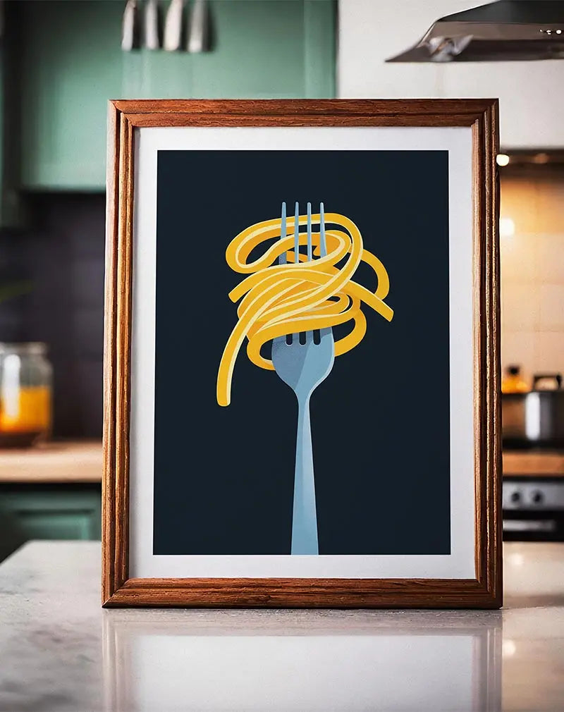 A minimalist illustration of a fork twirling yellow spaghetti against a dark background. This modern wall art adds a playful and stylish touch, perfect for the kitchen or dining area. Perfect wall art for food lovers and enhancing culinary spaces with a creative flair