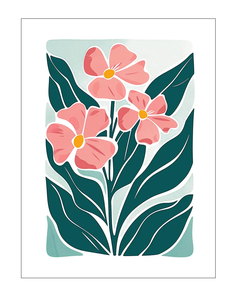 A vibrant illustration of pink flowers with bold green leaves, creating a fresh and modern floral design. Perfect wall art for adding a touch of nature and elegance to any living space or bedroom