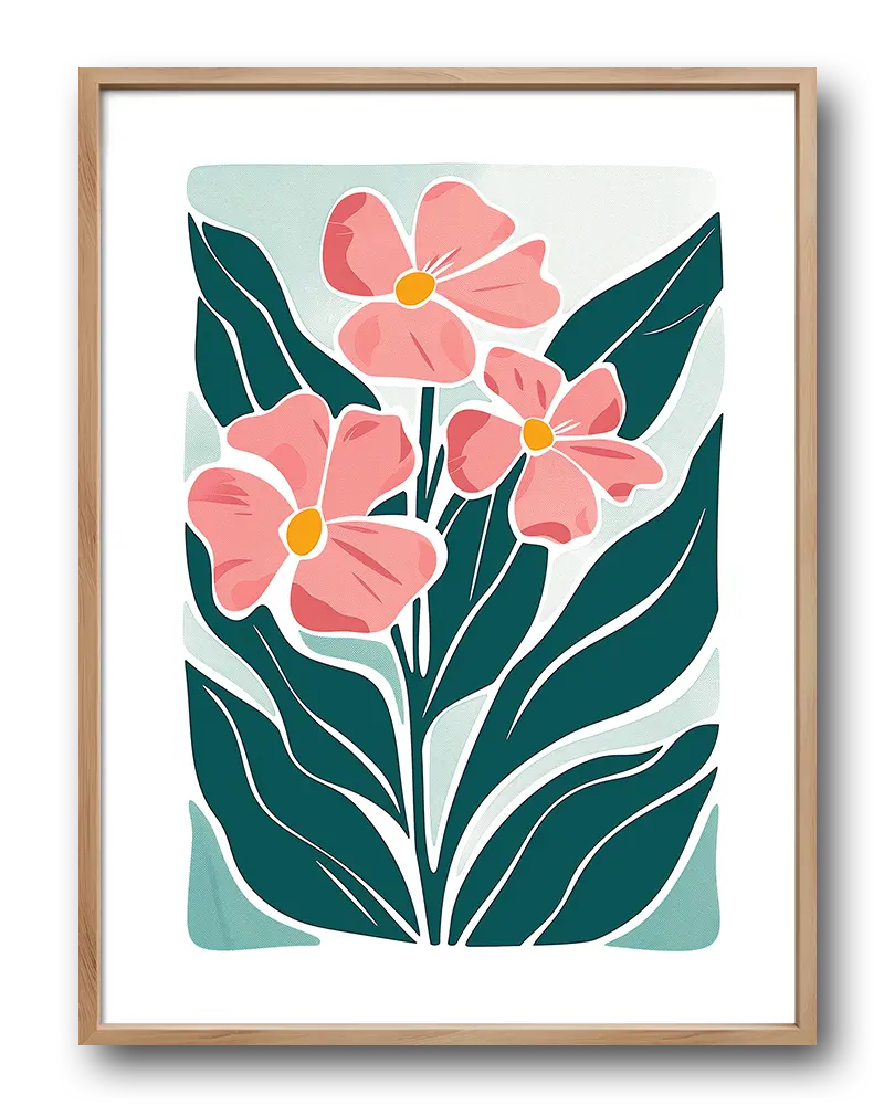 A vibrant illustration of pink flowers with bold green leaves, creating a fresh and modern floral design. Perfect wall art for adding a touch of nature and elegance to any living space or bedroom