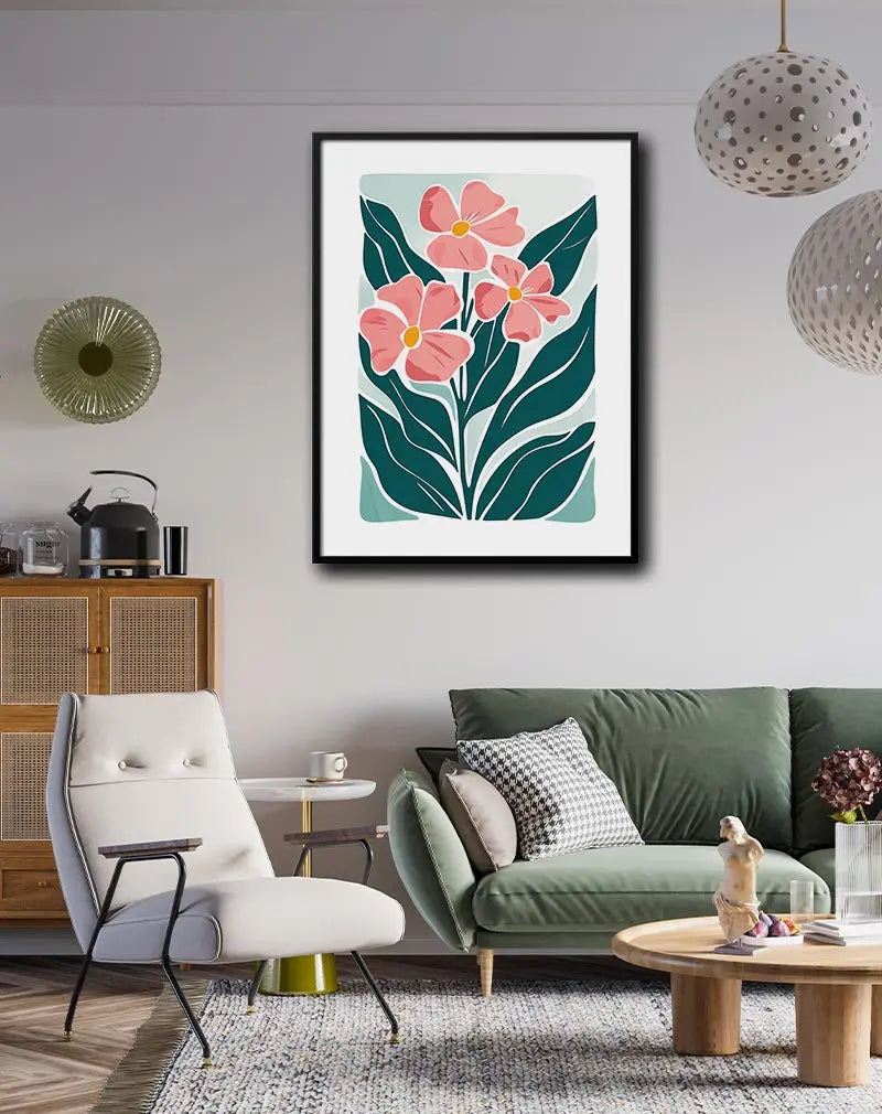 A vibrant illustration of pink flowers with bold green leaves, creating a fresh and modern floral design. Perfect wall art for adding a touch of nature and elegance to any living space or bedroom