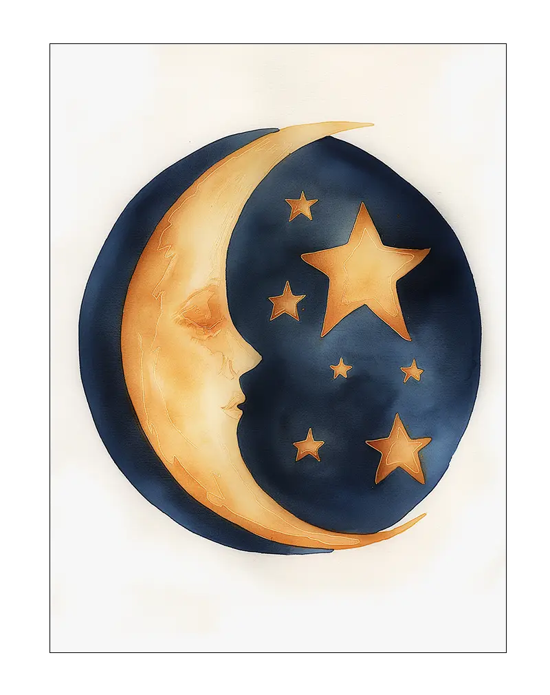 A soft illustration of a crescent moon and glowing stars, with warm golden tones set against a deep navy background. Perfect wall art for creating a dreamy and celestial atmosphere in a bedroom or nursery