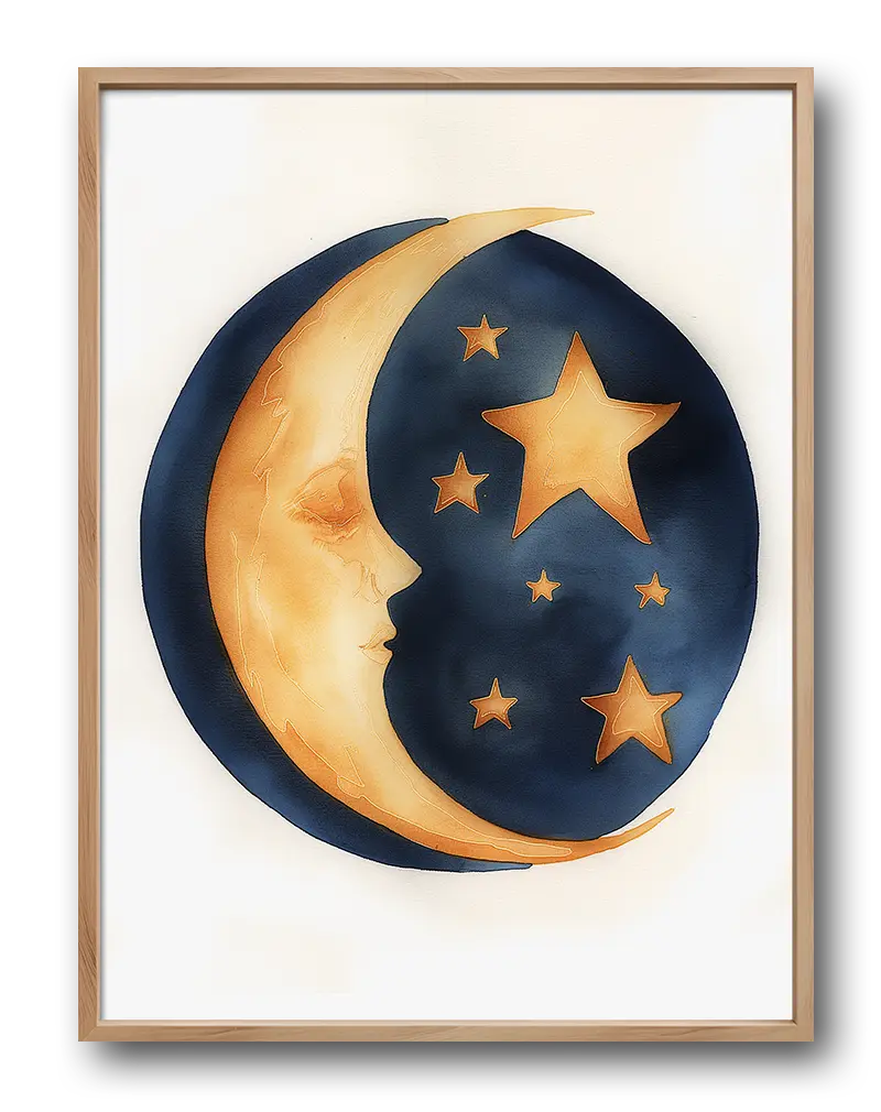 A soft illustration of a crescent moon and glowing stars, with warm golden tones set against a deep navy background. Perfect wall art for creating a dreamy and celestial atmosphere in a bedroom or nursery