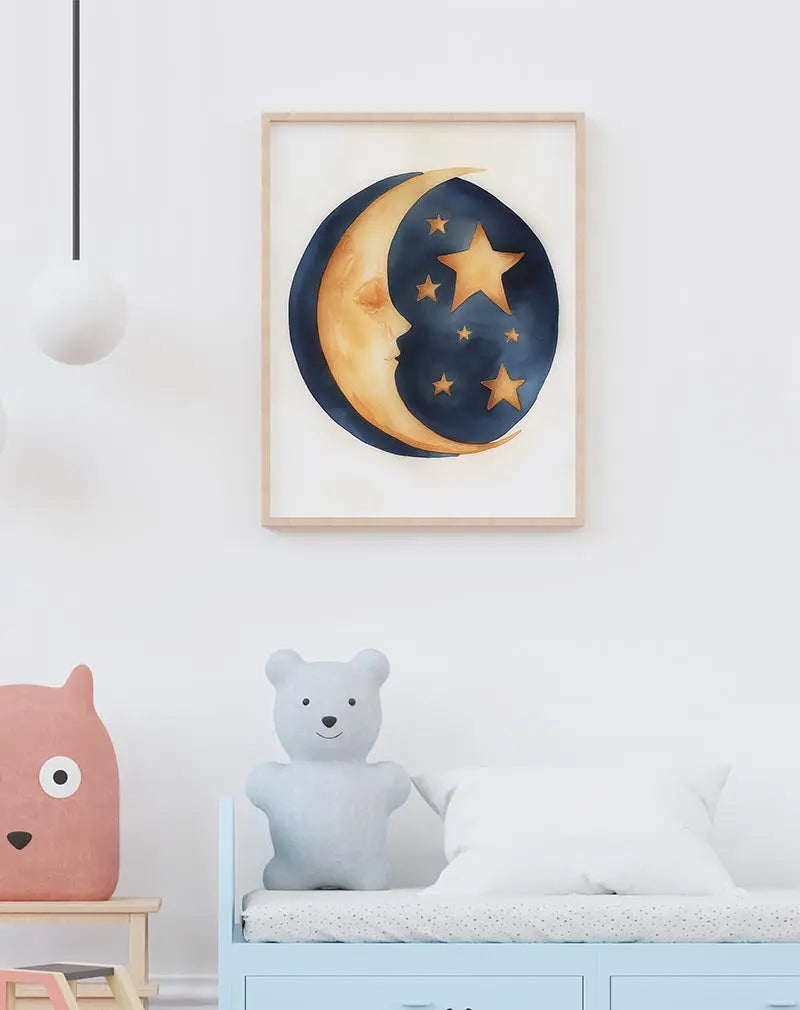 A soft illustration of a crescent moon and glowing stars, with warm golden tones set against a deep navy background. Perfect wall art for creating a dreamy and celestial atmosphere in a bedroom or nursery