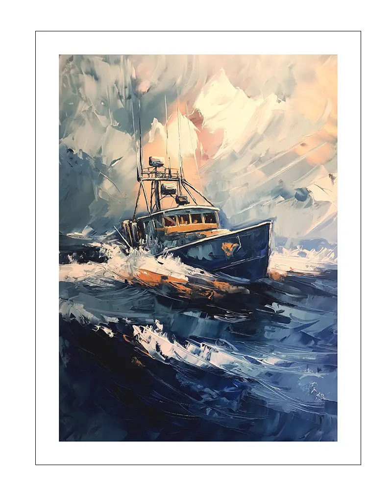 A dynamic painting of a fishing boat battling through stormy seas with dramatic brushstrokes and waves. Perfect wall art for lovers of the sea or nautical adventures, adding a sense of power and movement to any room