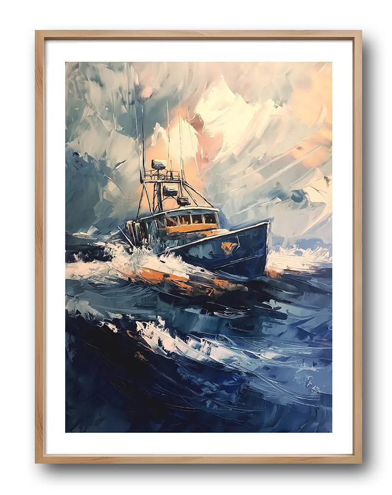 A dynamic painting of a fishing boat battling through stormy seas with dramatic brushstrokes and waves. Perfect wall art for lovers of the sea or nautical adventures, adding a sense of power and movement to any room