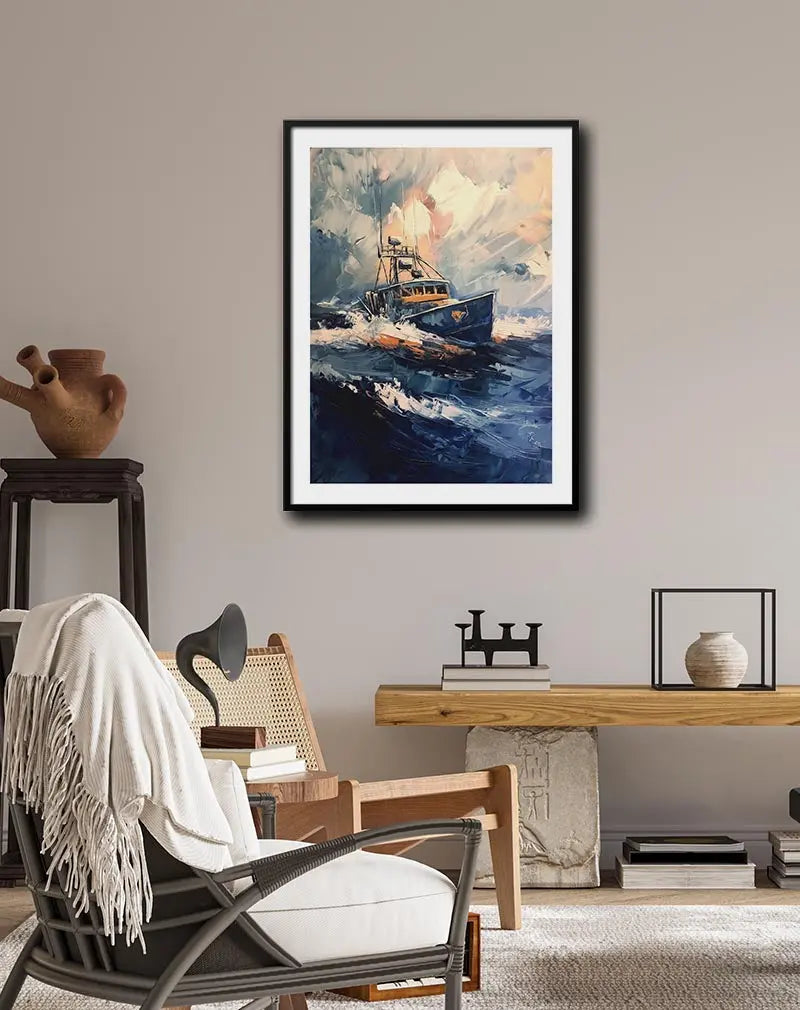 A dynamic painting of a fishing boat battling through stormy seas with dramatic brushstrokes and waves. Perfect wall art for lovers of the sea or nautical adventures, adding a sense of power and movement to any room