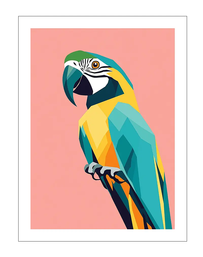 A vibrant geometric illustration of a colorful parrot on a soft pink background. Perfect wall art for adding a tropical and modern touch to any space, bringing a splash of color and creativity